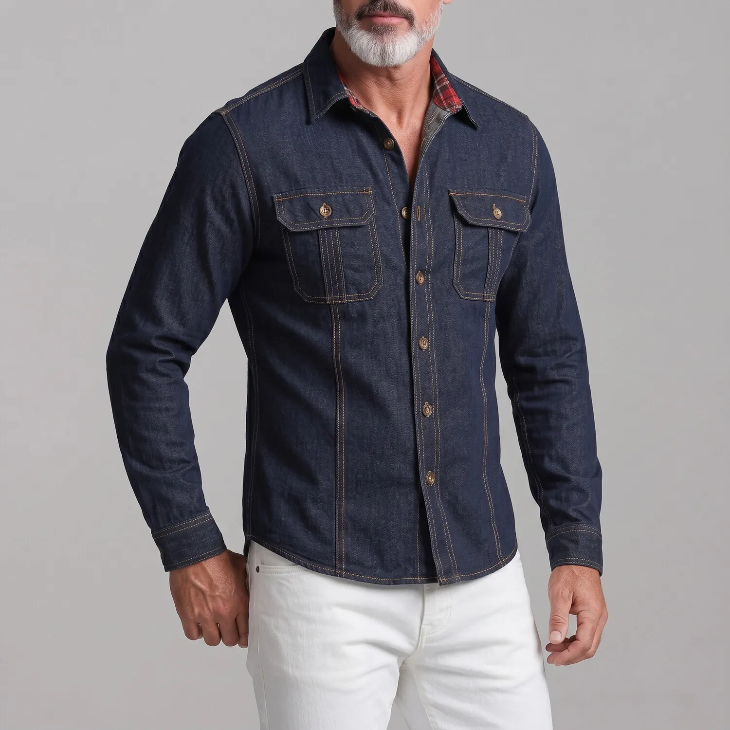 para hombre Navy Blue Denim Chest Flap Pockets Button-up de manga larga camisa