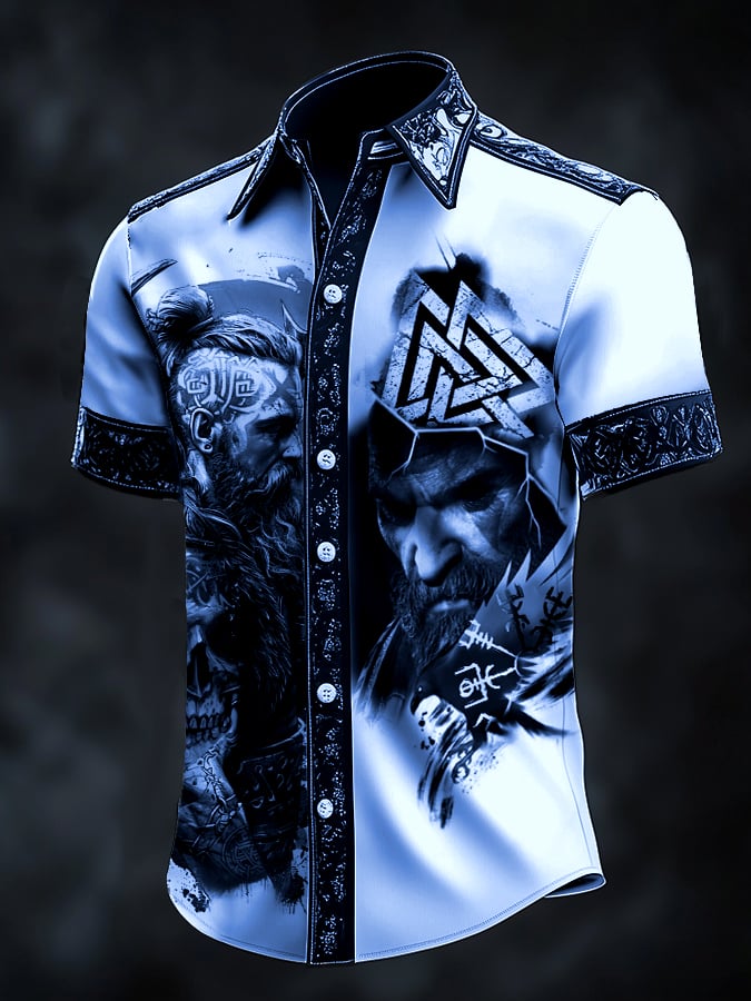 Camisa casual vintage Viking portrait satén para hombre
