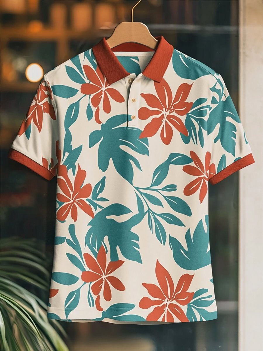 Camisa polo casual Festive floral estampado Button de manga corta para hombre