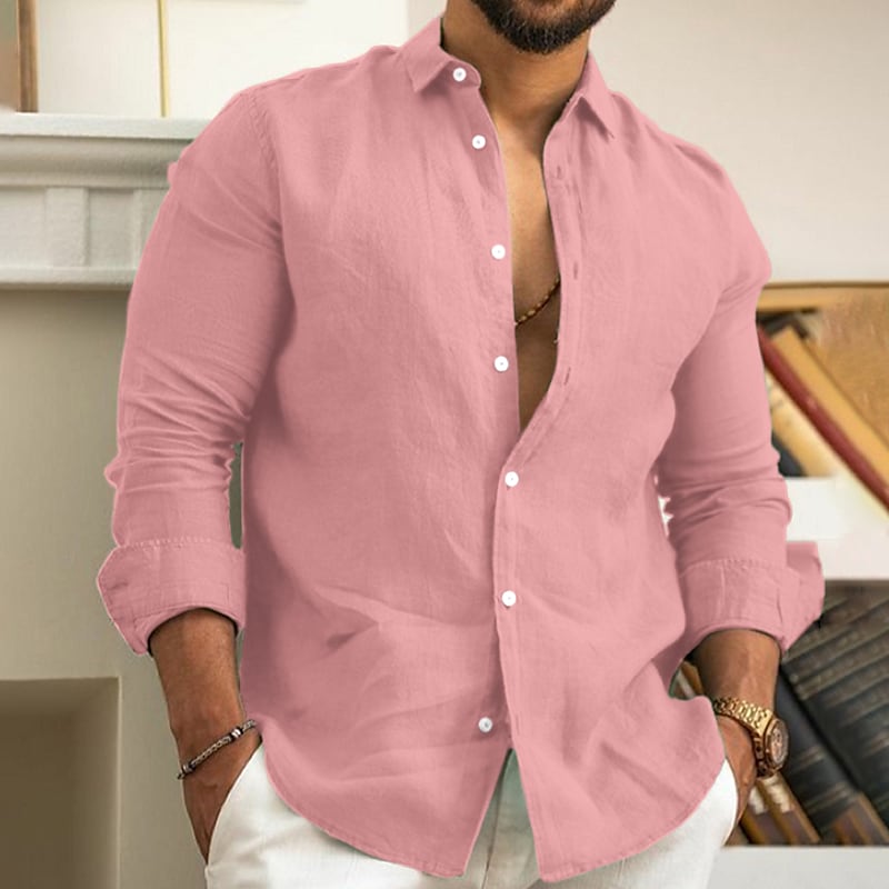 Camisa de lino Summer camisa Beach Wear casual camisa Button Up camisa Plain casual para uso diario Black White Pink Navy Blue de manga larga solapa Spring & Summer Clothing Apparel para hombre - vista 9