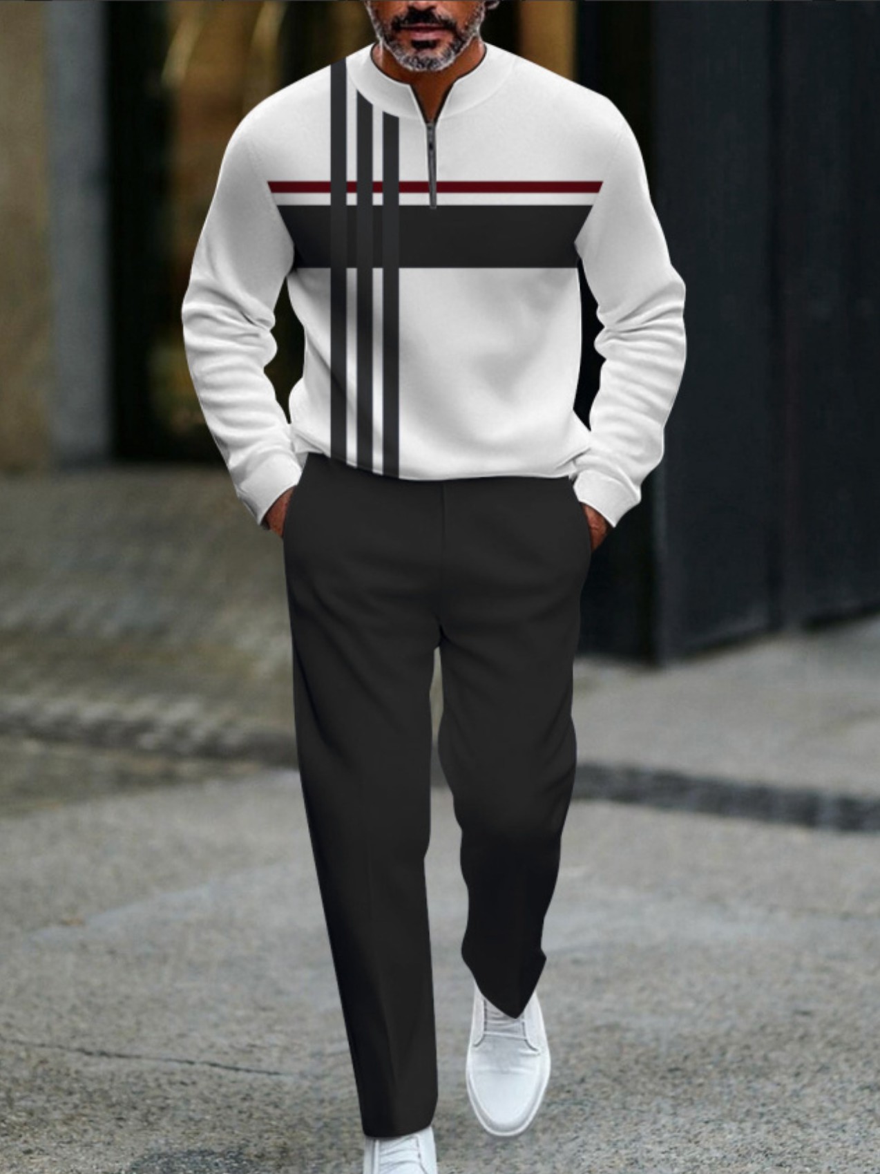 Conjunto de dos piezas casual Black & White Color Matching a rayas estampado Round-Neck Zipper de manga larga sudadera & Trousers para hombre