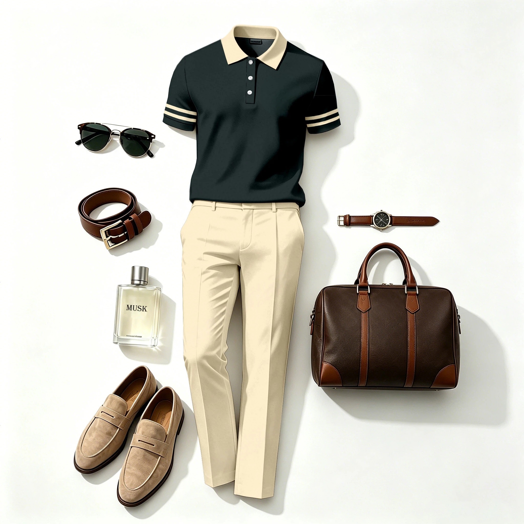 Conjunto de dos piezas casual Green rayas estampado camisa polo And pantalón para hombre
