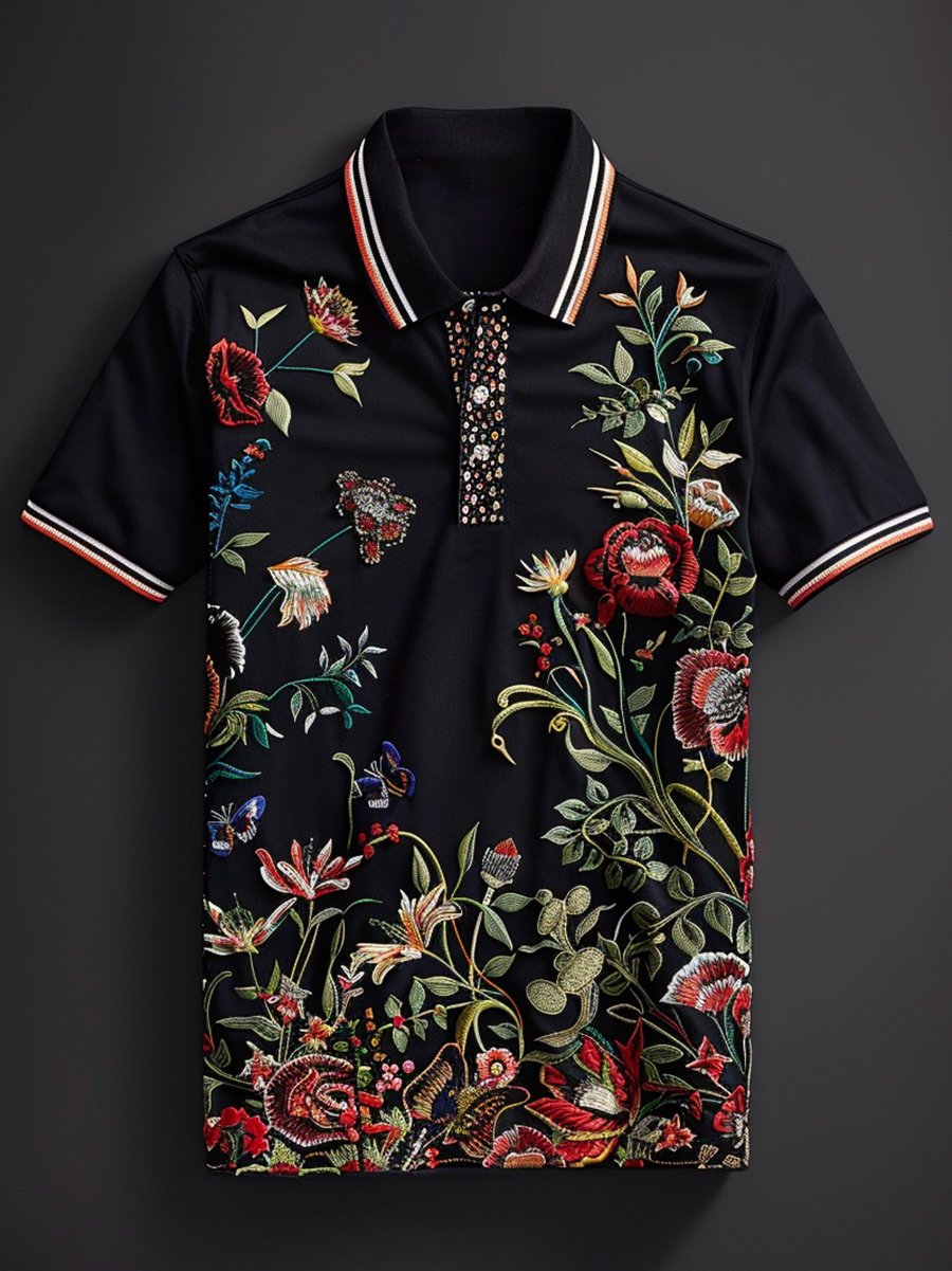 Camisa polo ejecutivo floral estampado con botones de manga corta para hombre