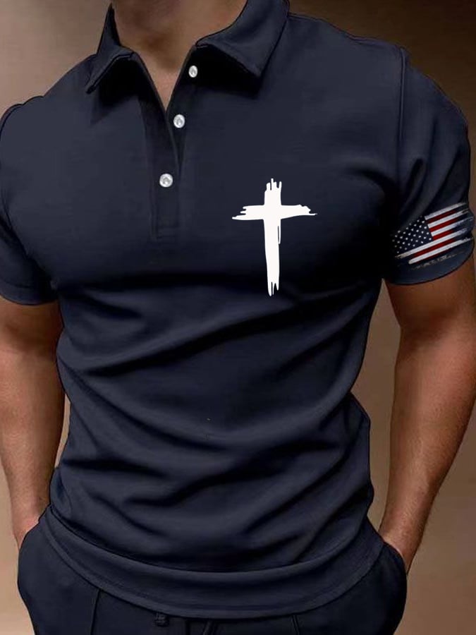 Camisa polo Flag Cross estampado Button casual para hombre