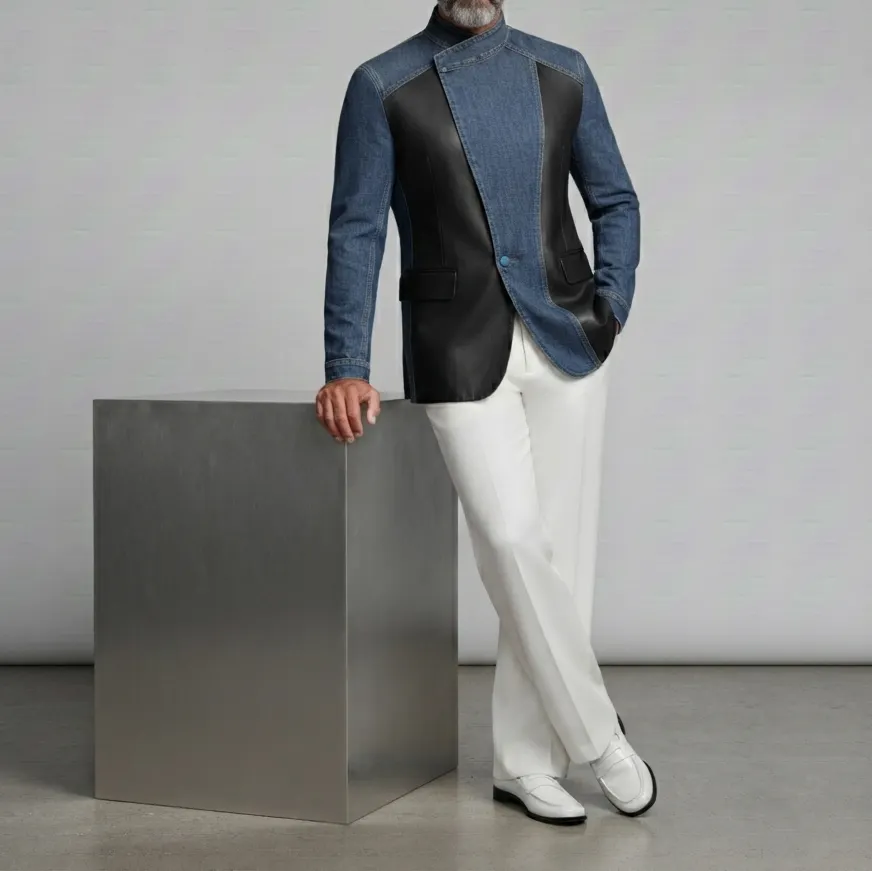 Chaqueta Denim PU Leather Patchpara trabajo Colorblock Stand Collar de corte entallado Wrap para hombre