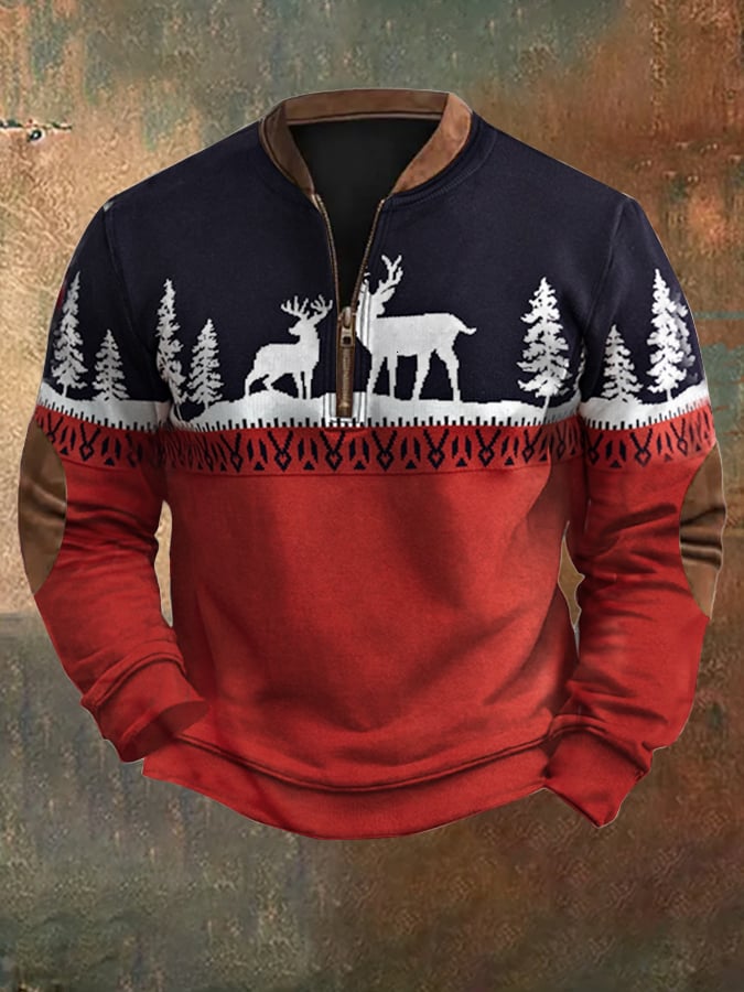 Sudadera retro Christmas estampado Zip cuello para hombre