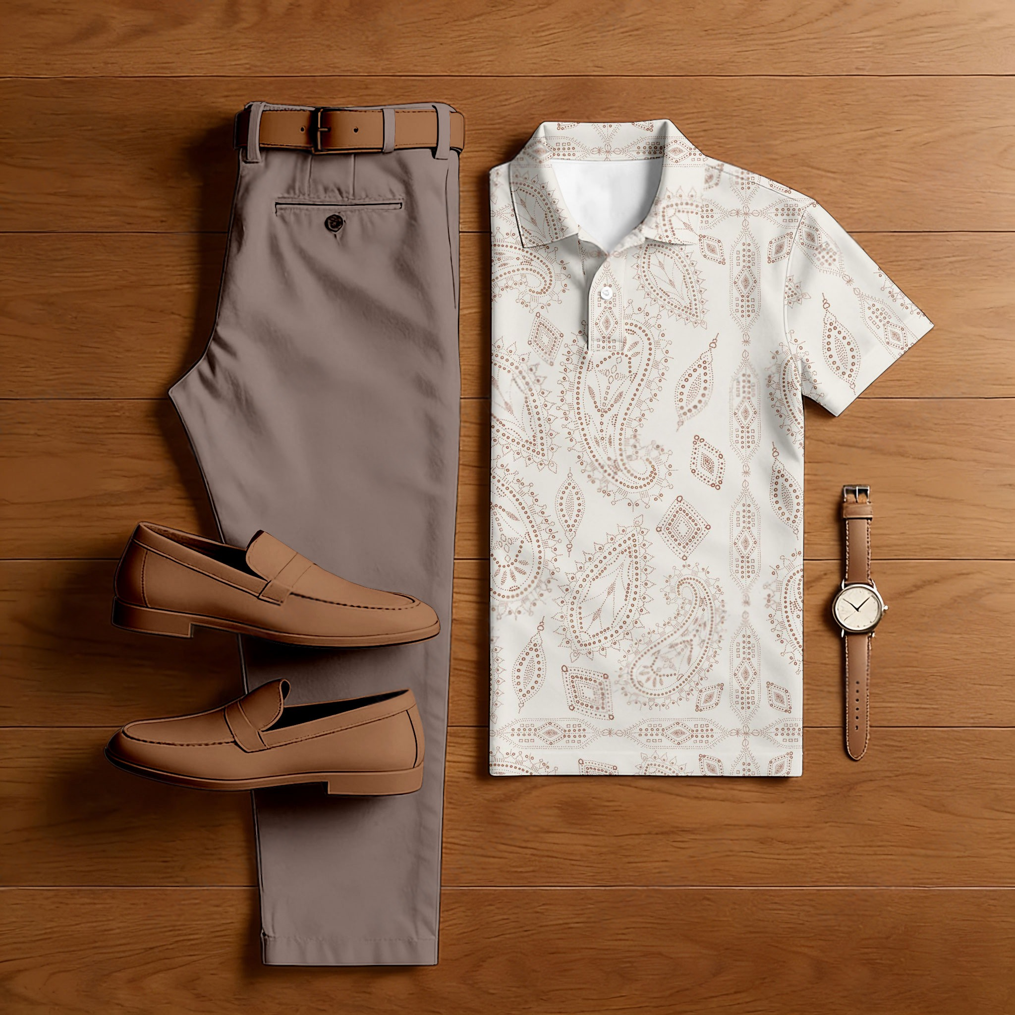 Conjunto de dos piezas casual Brown & White Color Matching Art estampado de manga corta camisa polo & Trousers para hombre