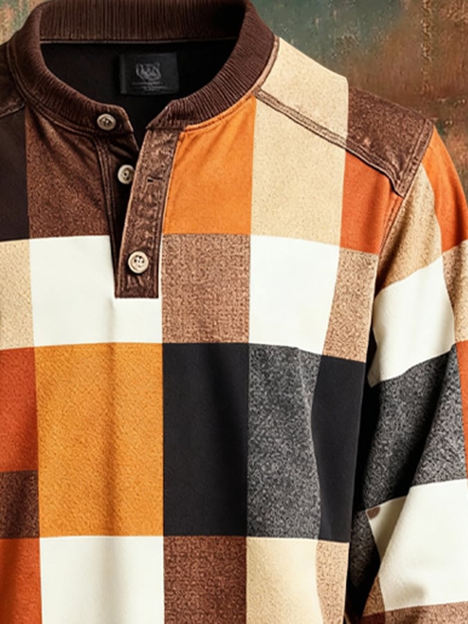 Sudadera retro Colorblock Henley para hombre