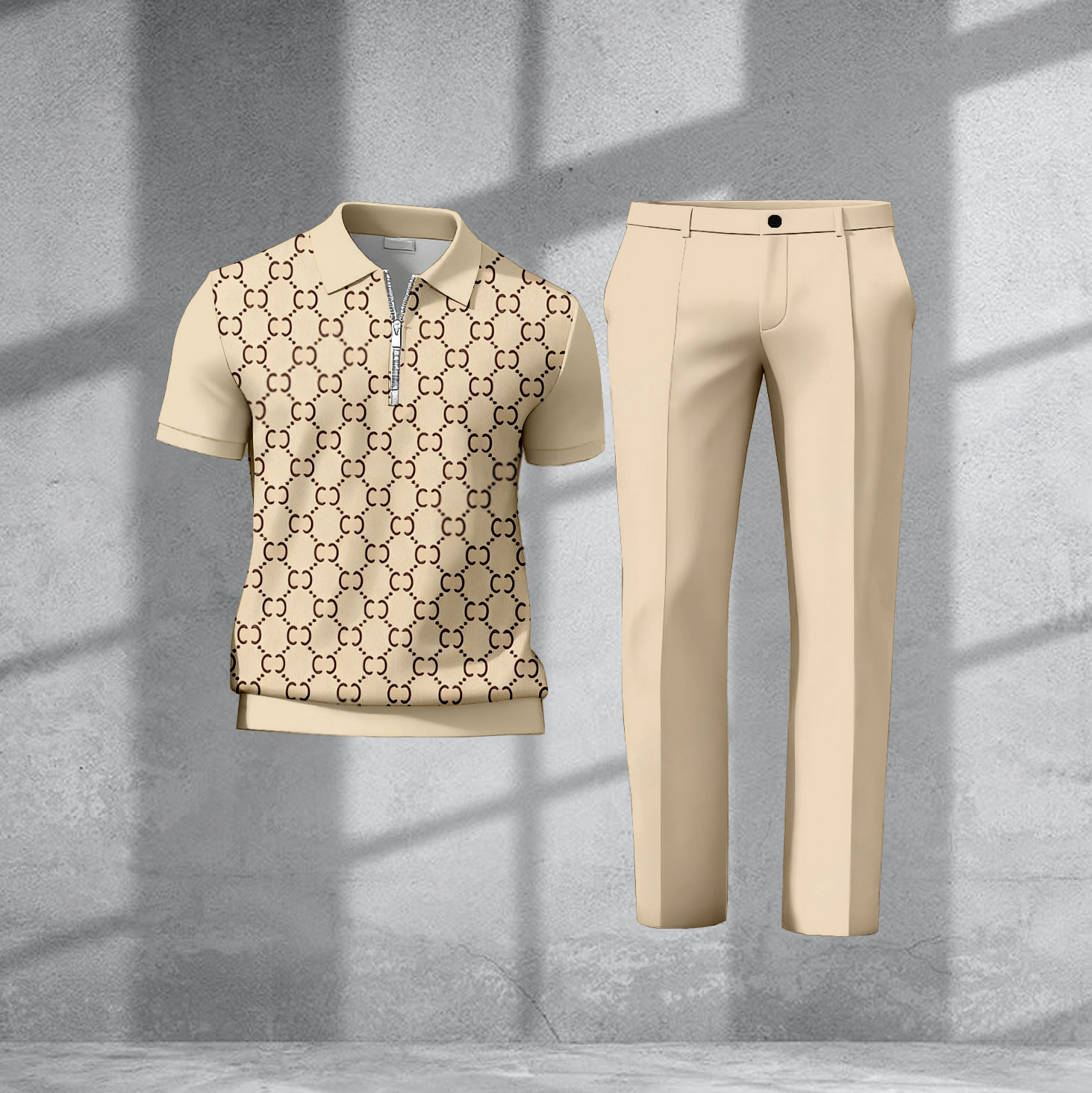 Conjunto de dos piezas casual Khaki a cuadros estampado Polo de manga corta camiseta And pantalón para hombre