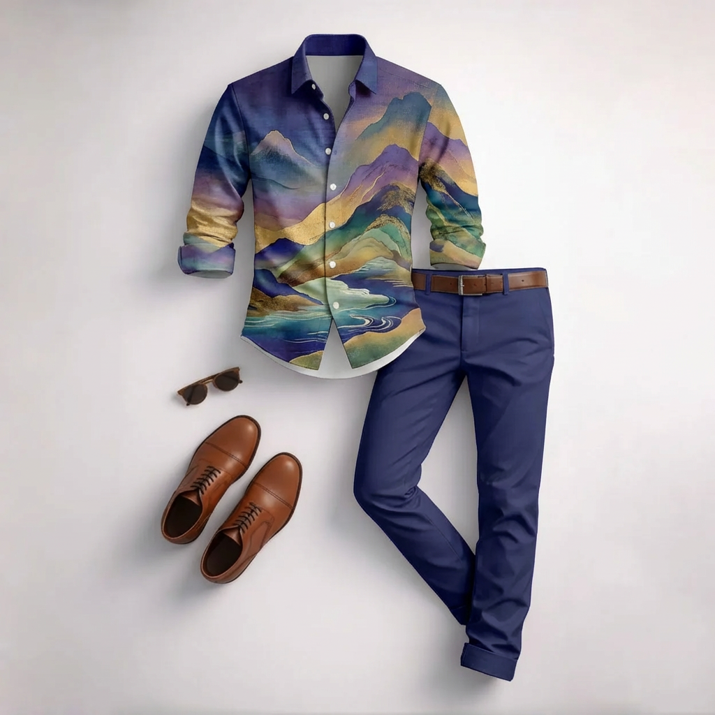 Conjunto de dos piezas casual Purple Landscape estampado de manga larga camisa And Trousers para hombre