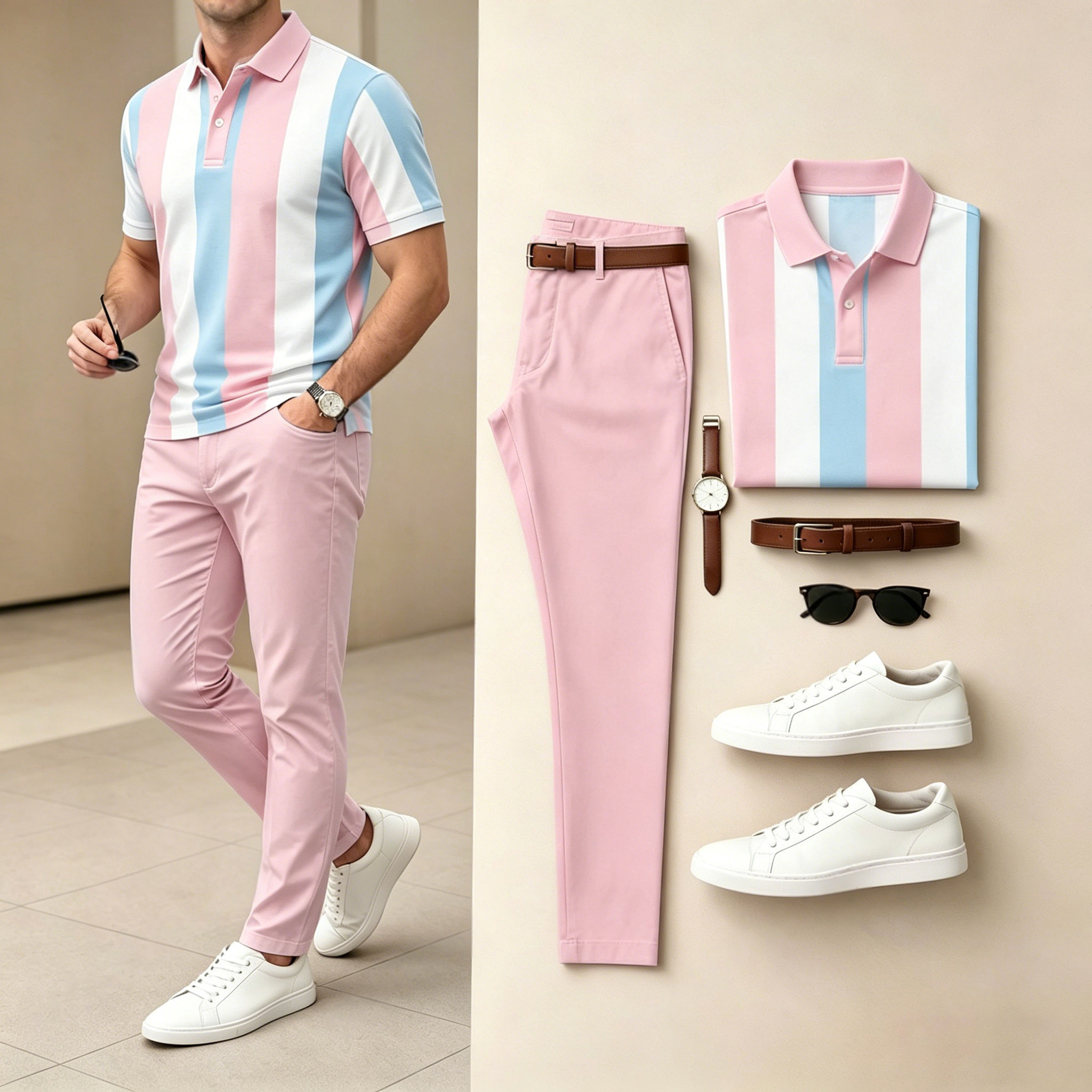 Conjunto de dos piezas casual Pink Geometric estampado camisa polo And pantalón para hombre