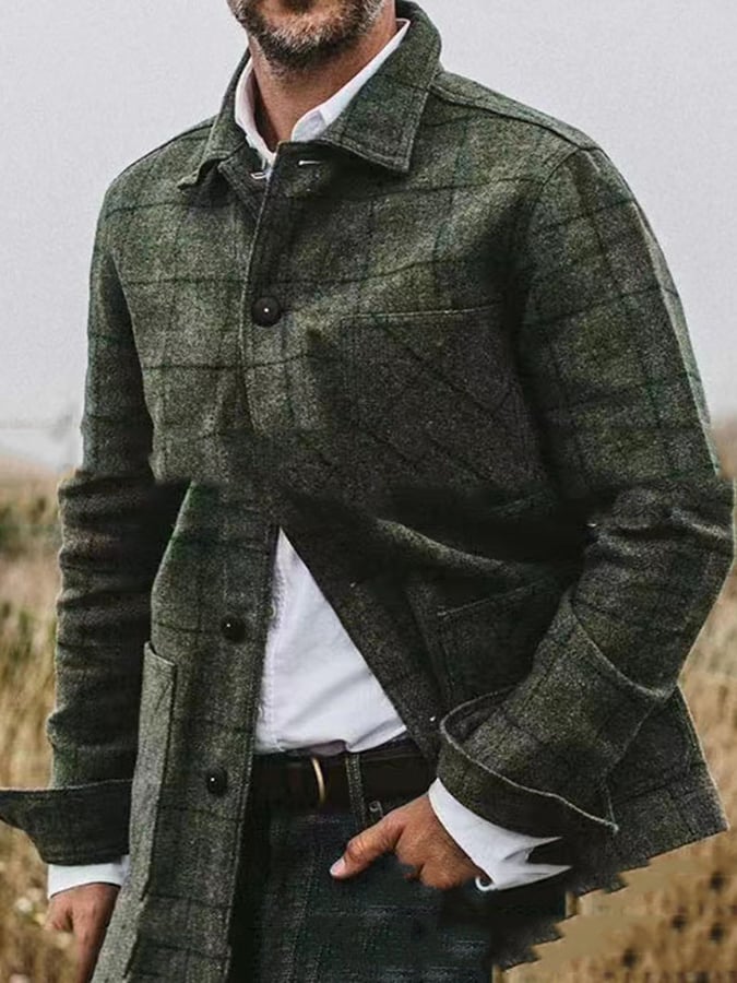 Chaqueta retro a cuadros para exterior bolsillo solapa de manga larga para hombre