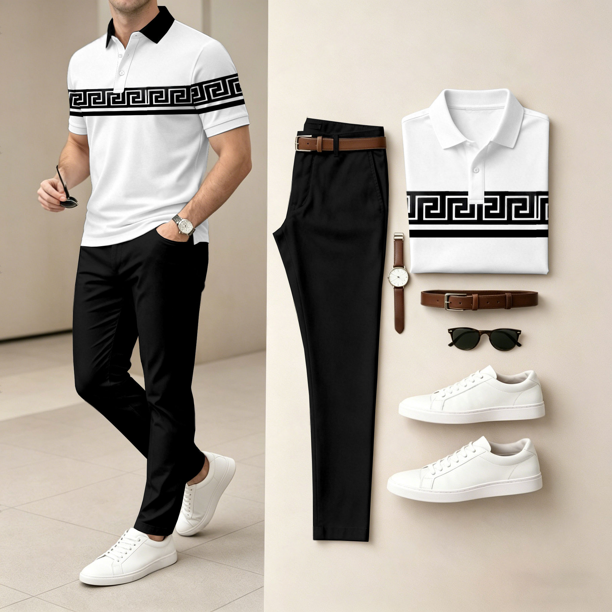 Conjunto de dos piezas casual Black & White estampado camisa polo And pantalón para hombre