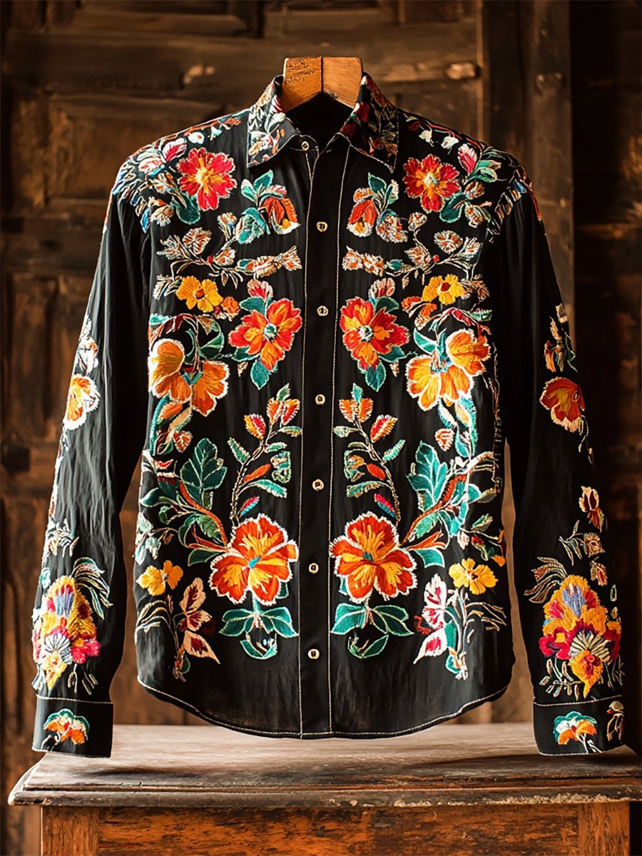 Camisa retro casual Western Ethnic estampado de manga larga para hombre