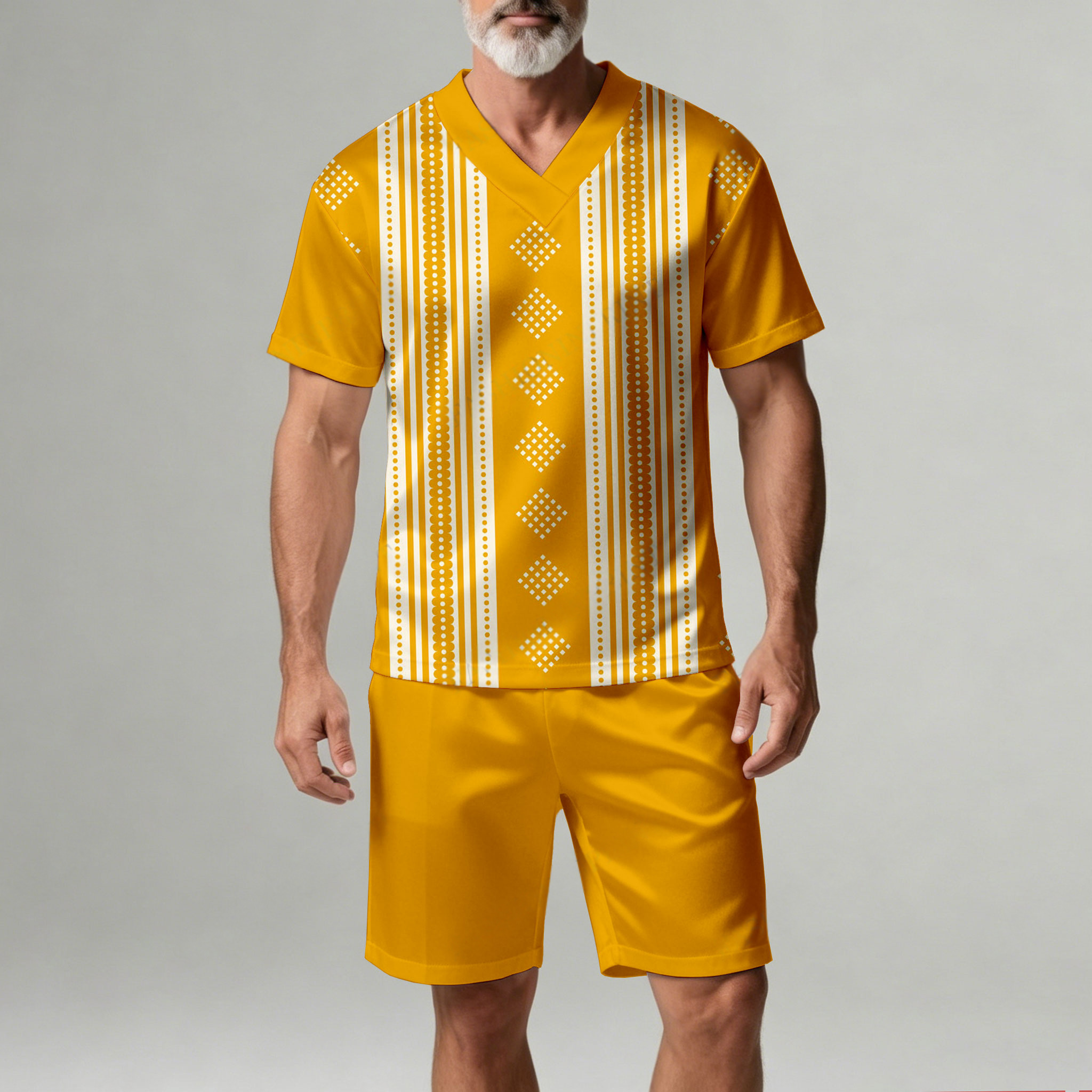 Conjunto de dos piezas casual Orange rayas Geometric estampado V-Neck de manga corta camiseta And shorts para hombre