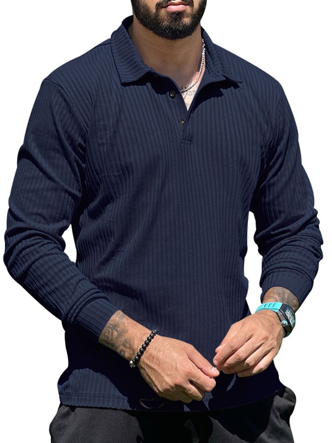 Camisa polo acanalado casual de manga larga Half Button tejido