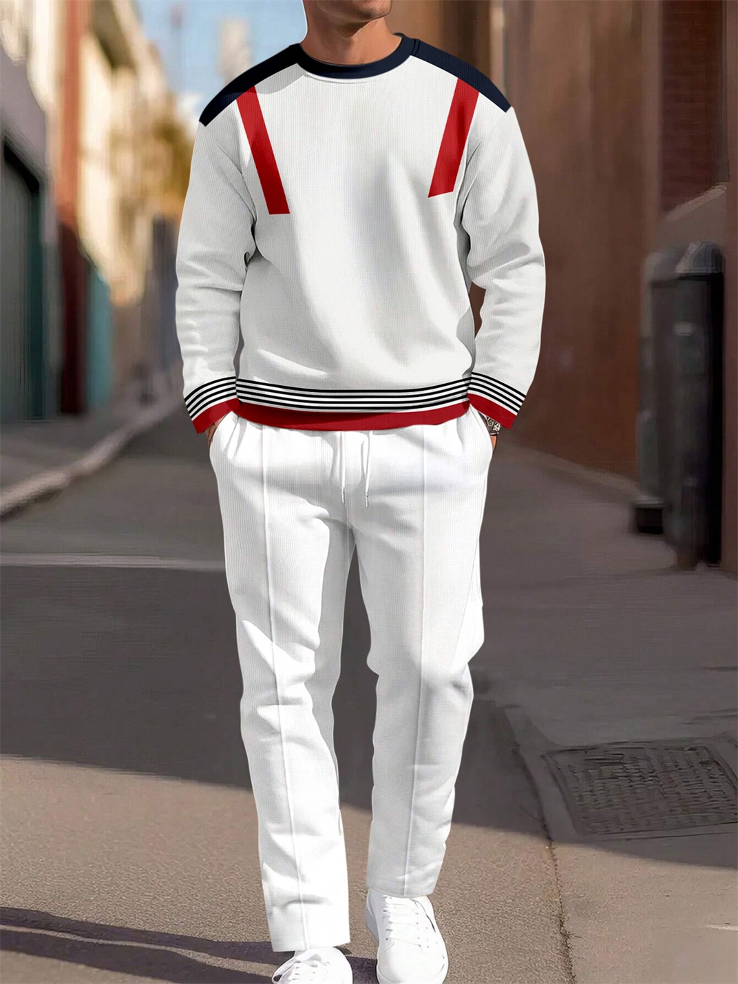 White Simple Round Neck casual Sports Set 042 para hombre