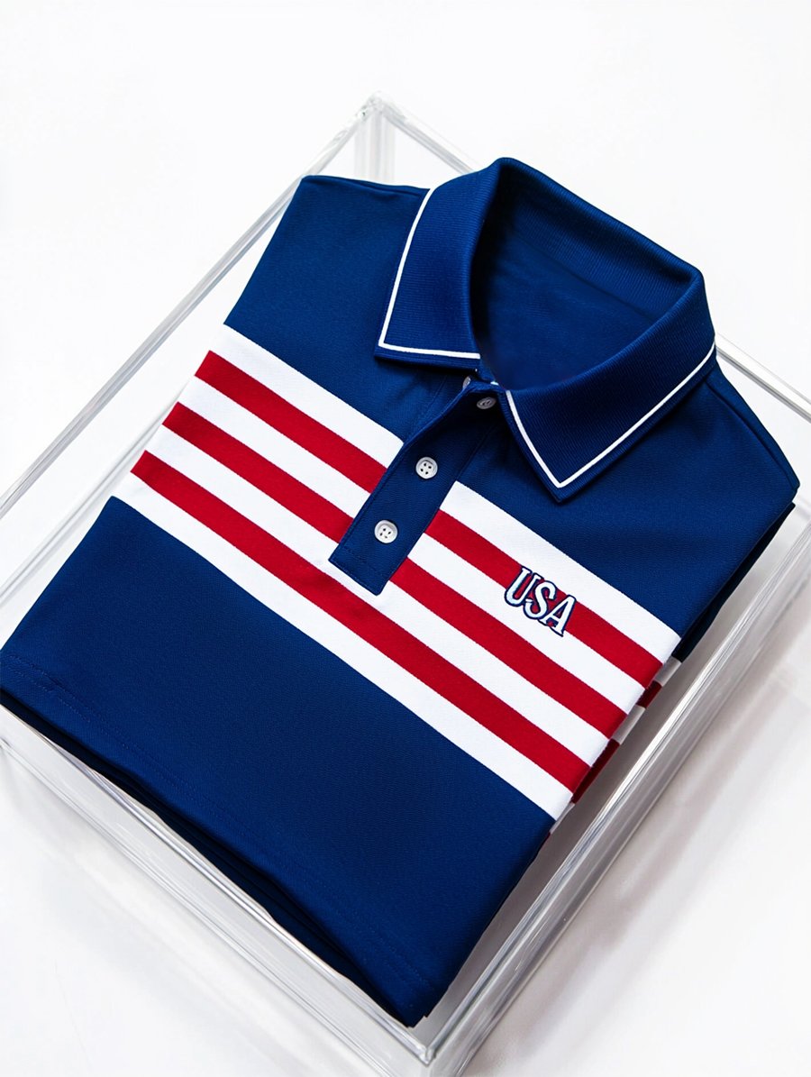 Camisa polo ejecutivo casual Independence Day a rayas Button de manga corta para hombre