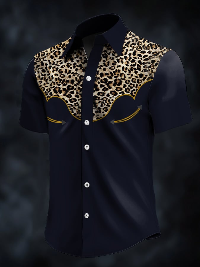 Camisa retro Western Contrast estampado de manga corta casual para hombre