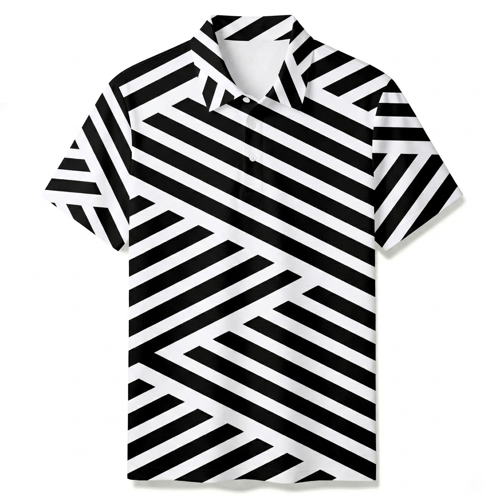 Summer de moda Black & White rayas estampado Polo de manga corta para hombre