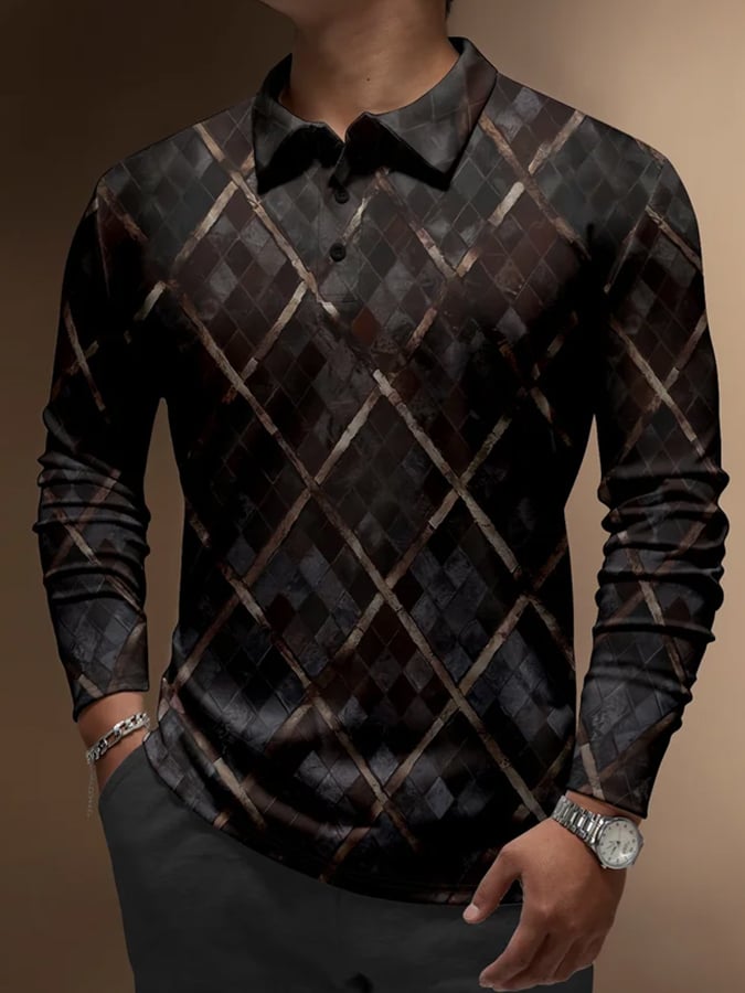 Camisa polo vintage geométrico Button estampado casual para hombre