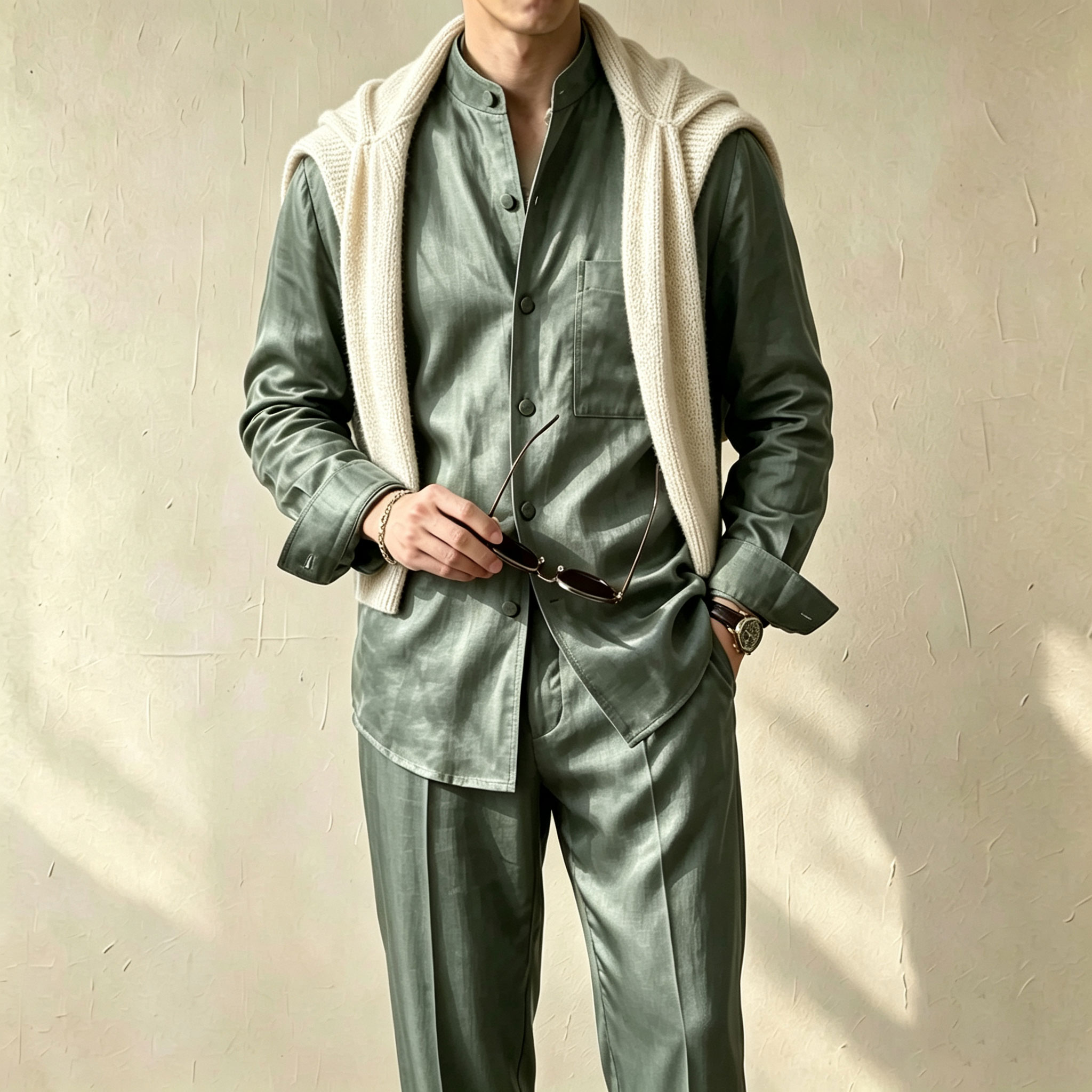 Conjunto de dos piezas casual Solid-Color estampado Stand-Collar de manga larga camisa and pantalón para hombre