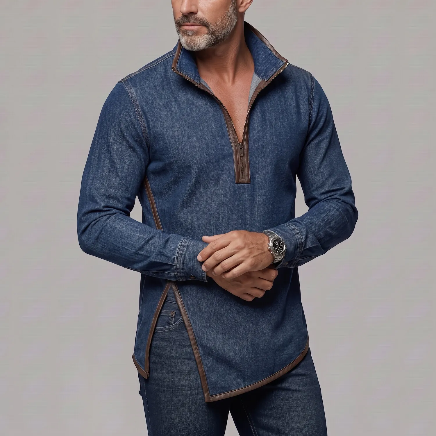 para hombre Denim Stand Collar Contrast PU Leather Trim Side Slit Half Zip de corte entallado Sweacamiseta