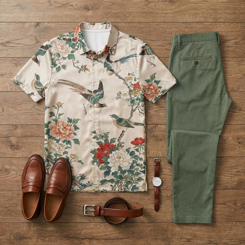 Conjunto de dos piezas casual Off-White Bird estampado de manga corta camisa polo And Trousers para hombre