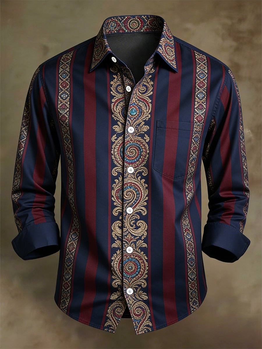 Camisa retro ejecutivo casual Baroque a rayas de manga larga para hombre