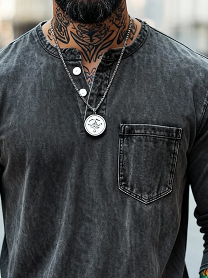 Camiseta vintage Washed and desgastado Henley para hombre