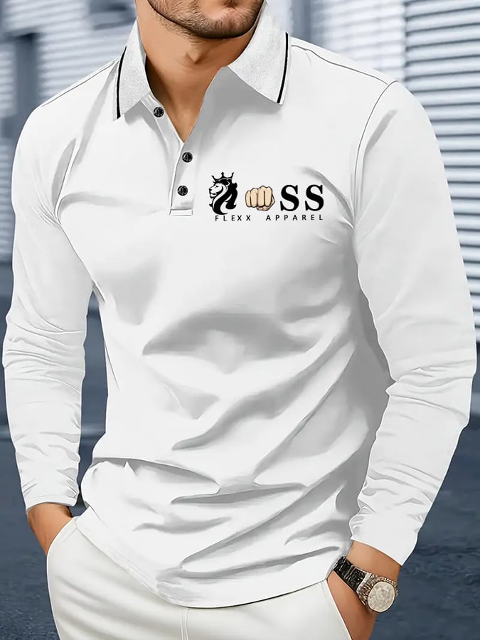 Camisa polo retro Letter Design ejecutivo de manga larga para hombre