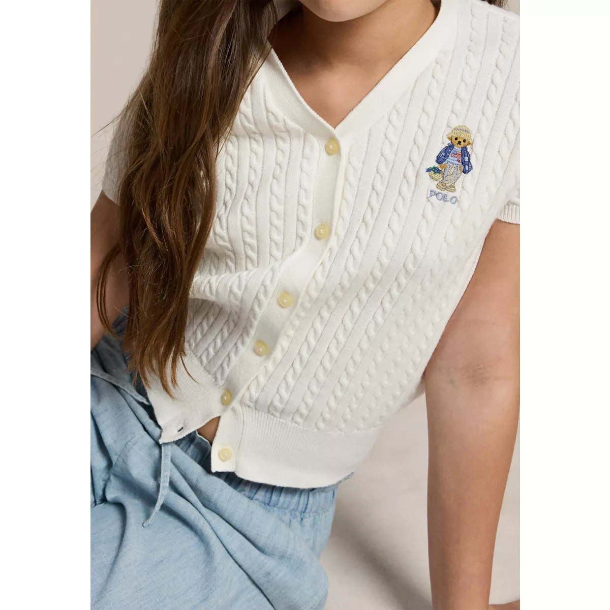 Girls 7-16 Polo Bear Cable Cotton V-Neck Cardigan - 2