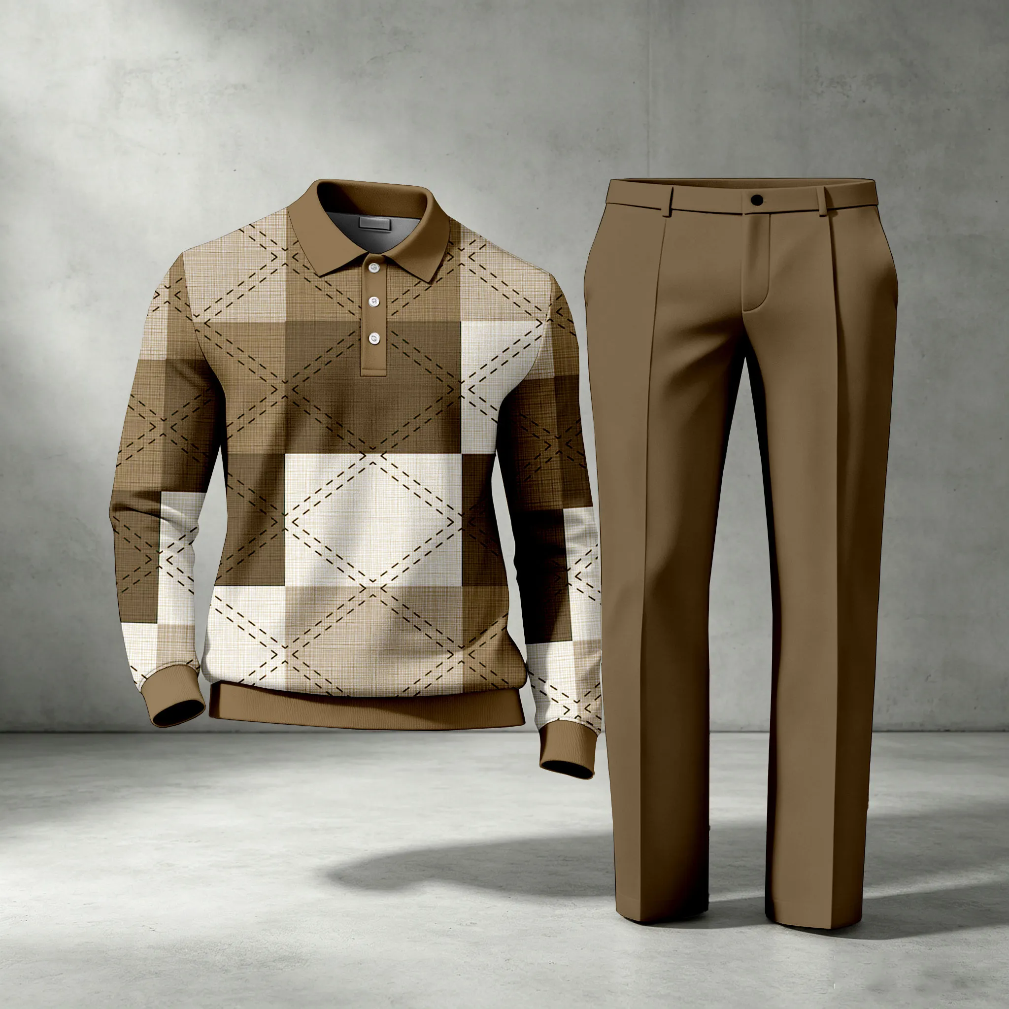 para hombre Checkered de manga larga camisa polo and pantalón conjunto de dos piezas