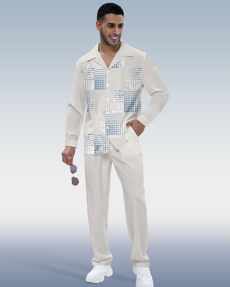 Camisa en bloques de color estampado de manga larga Walking Suit 611 para hombre