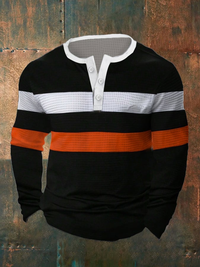 Camiseta vintage Waffle Color Patch Henley Neck para hombre