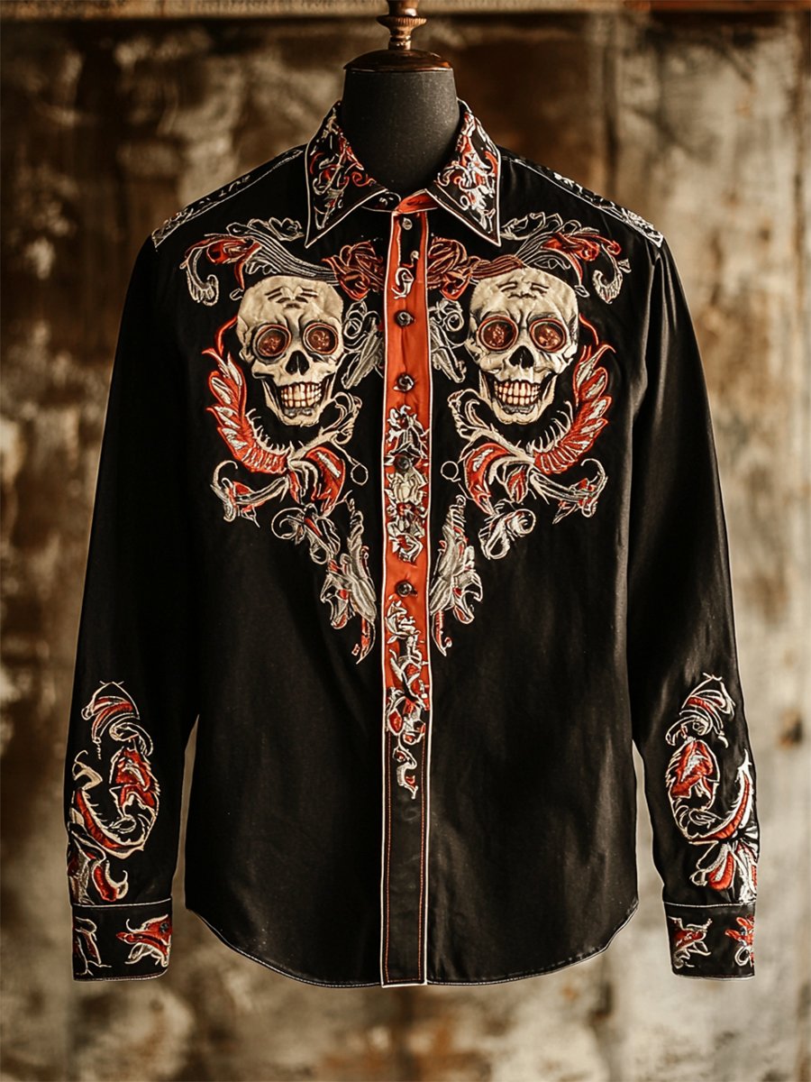 Camisa retro casual Skull estampado de manga larga para hombre