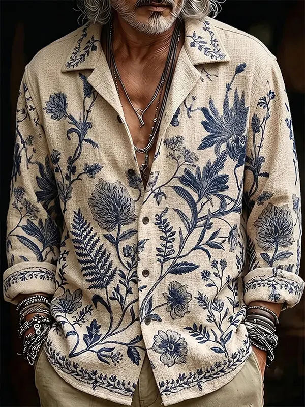 Camisa vintage Elegant Flowers And Plants Art estampado de manga larga para hombre