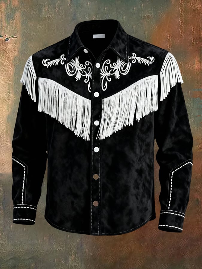 Camisa vintage Patchpara trabajo Color-Block gamuza de manga larga With Tassels para hombre