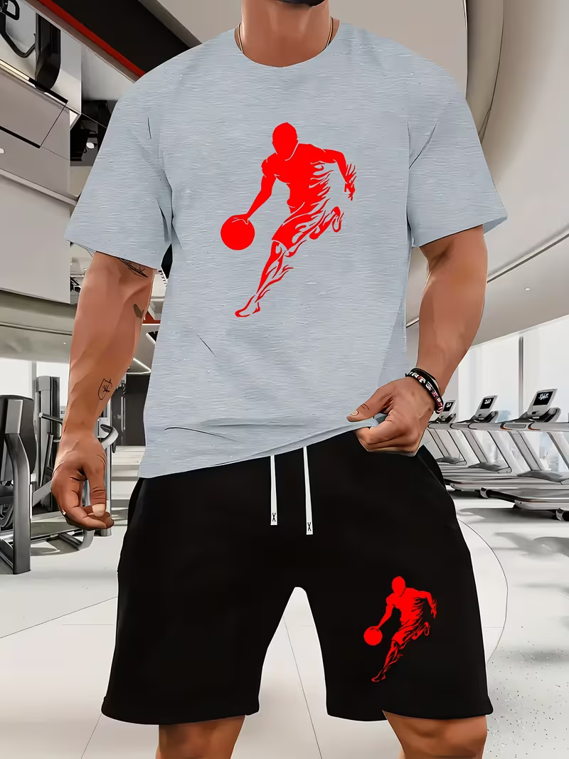 Conjunto de dos piezas casual Athletes Playing Ball Crew Neck de manga corta camisa And shorts para hombre