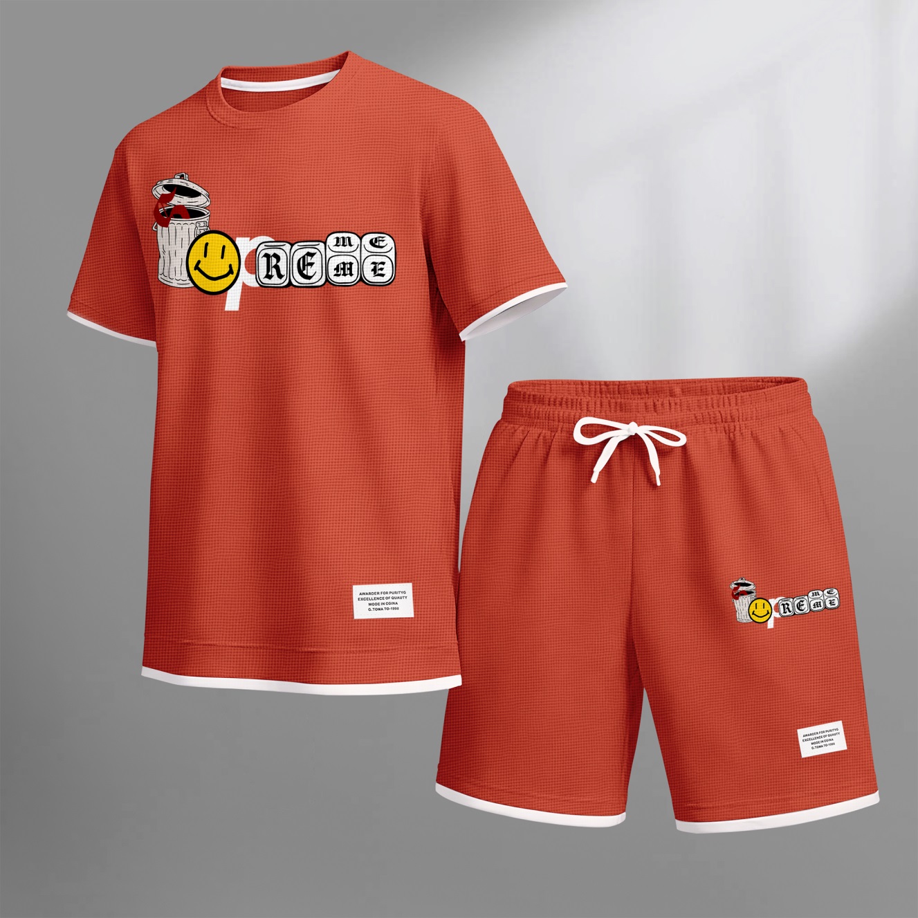 Camisa Graffiti Collage Design estampado Waffle Fabric de manga corta And shorts Set para hombre