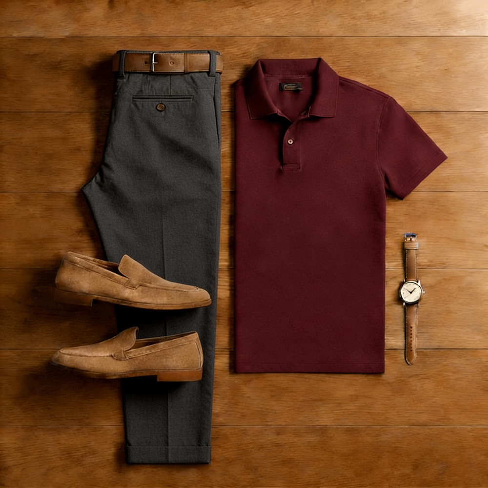 Conjunto de dos piezas casual Burgundy & Dark Gray de color sólido Matching de manga corta camisa polo & Trousers para hombre