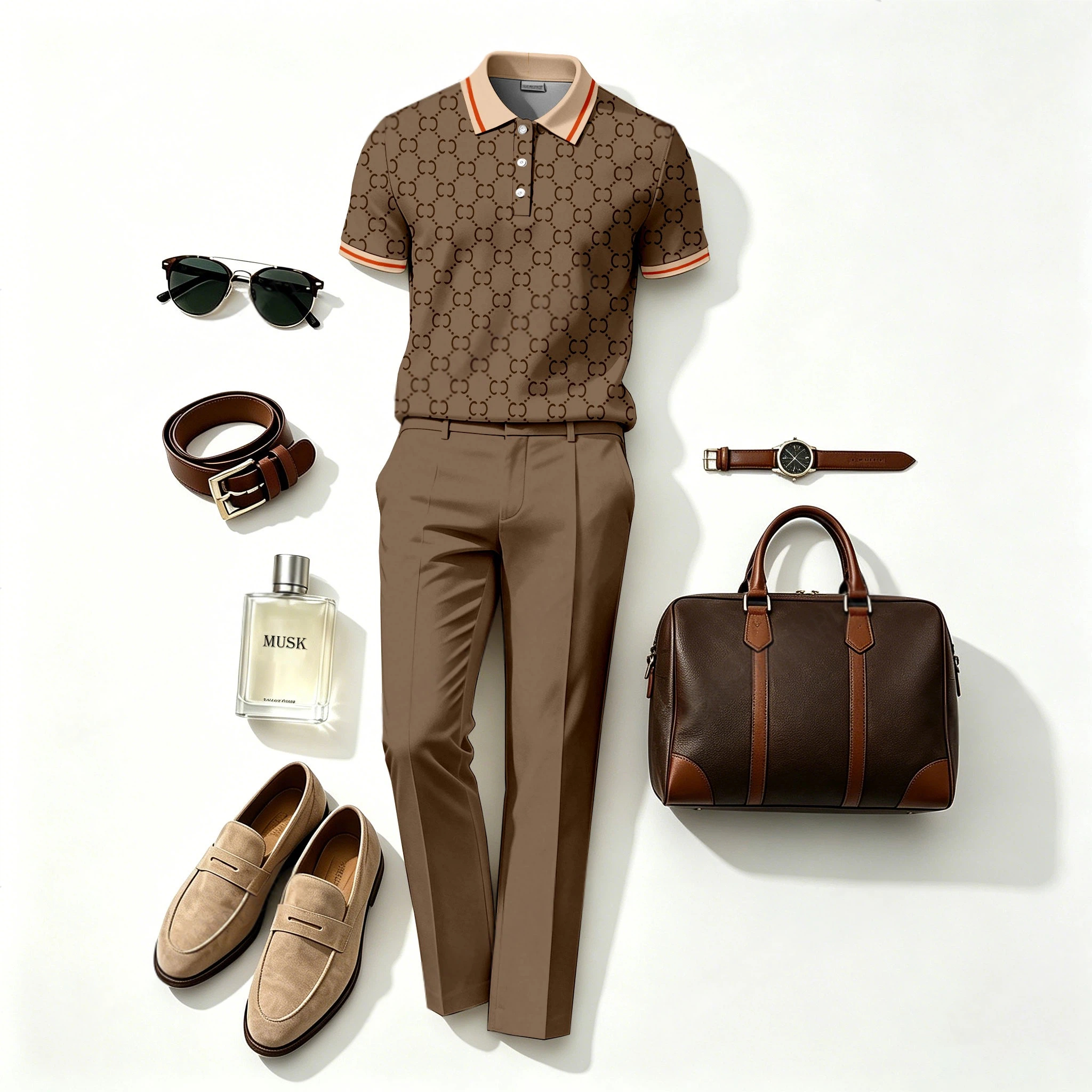 Conjunto de dos piezas casual “Double C” estampado de manga corta camisa polo and pantalón (Does Not Include Accessories Such As Watches Or Glasses) para hombre