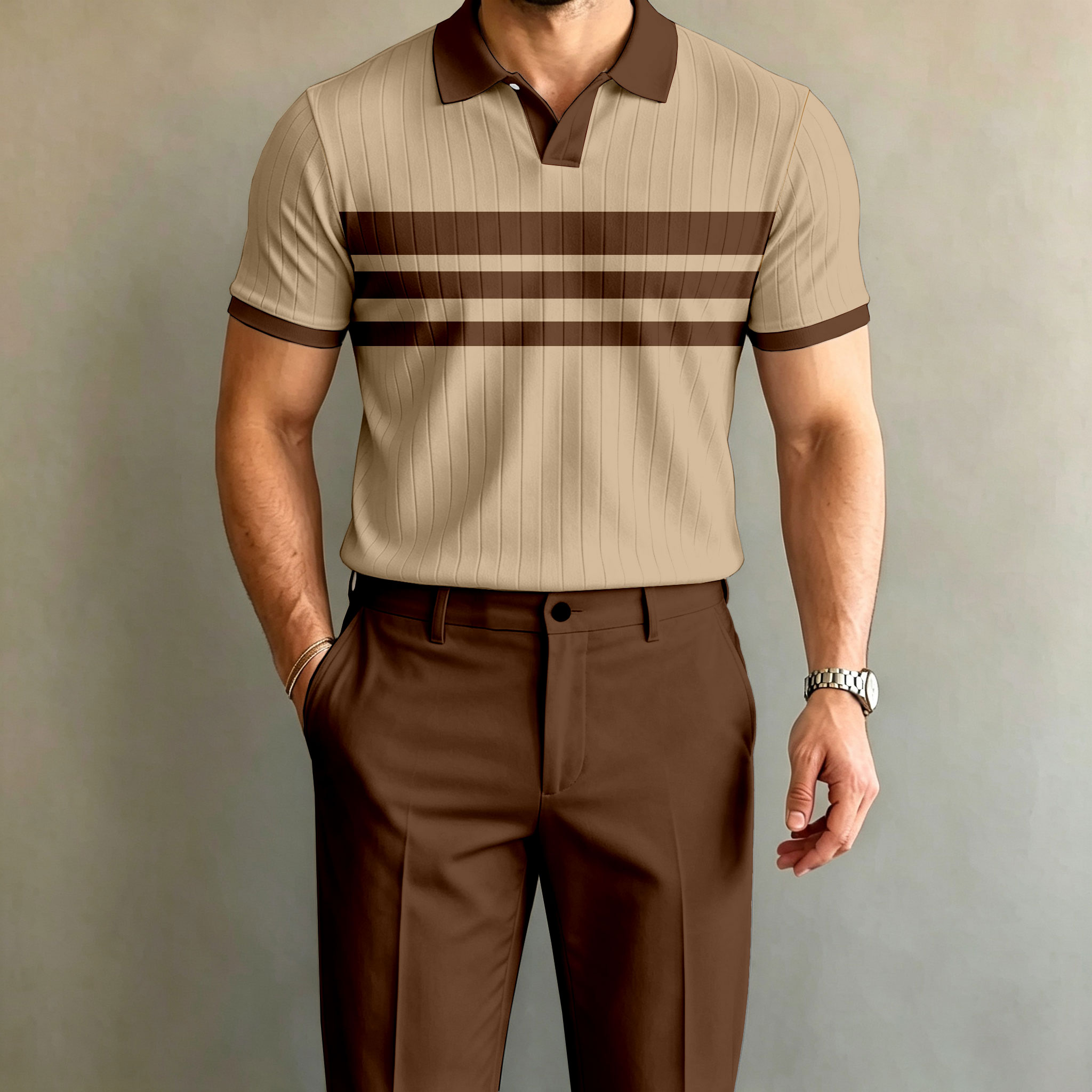 para hombre Brown a rayas de manga corta camisa polo and pantalón Set