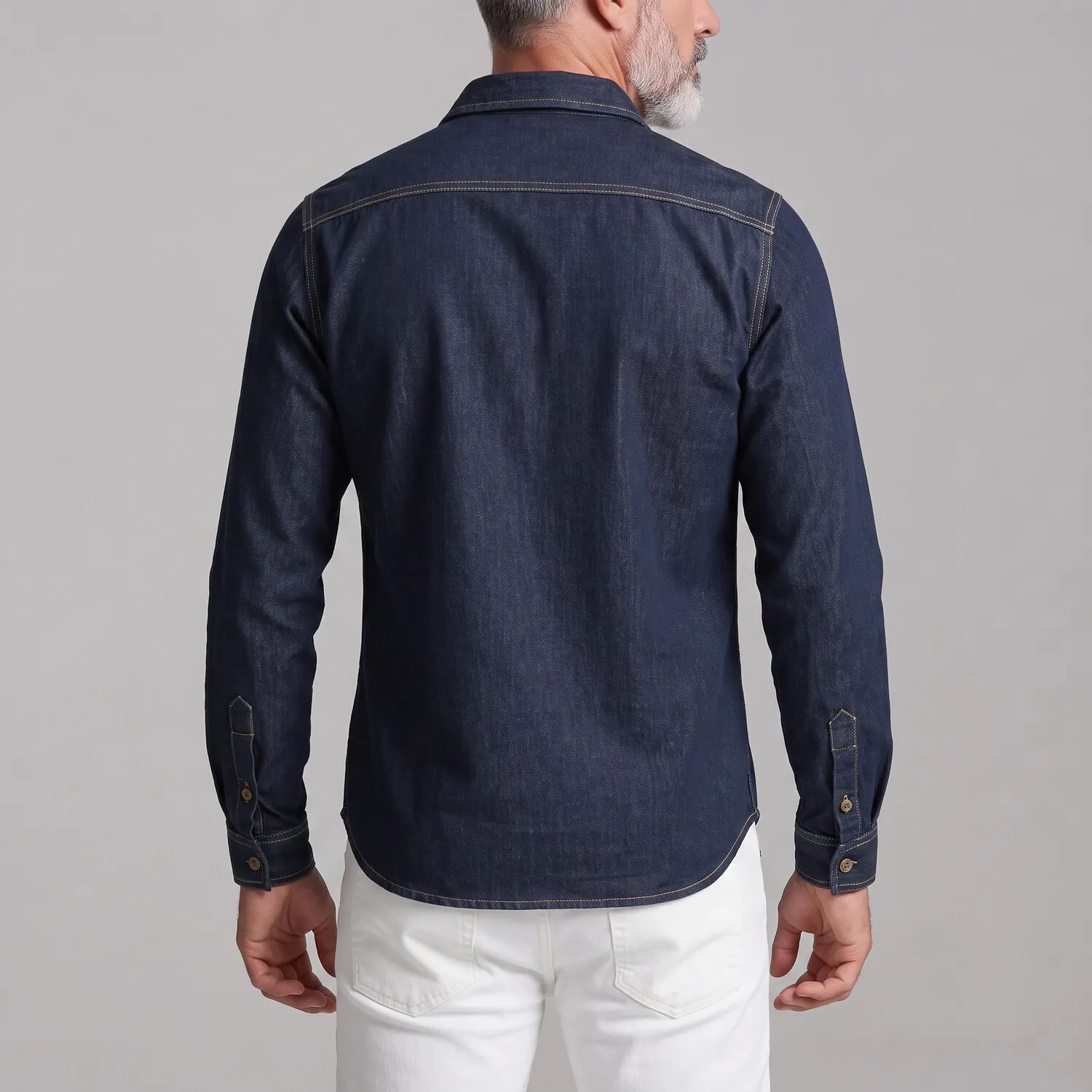 para hombre Navy Blue Denim Chest Flap Pockets Button-up de manga larga camisa