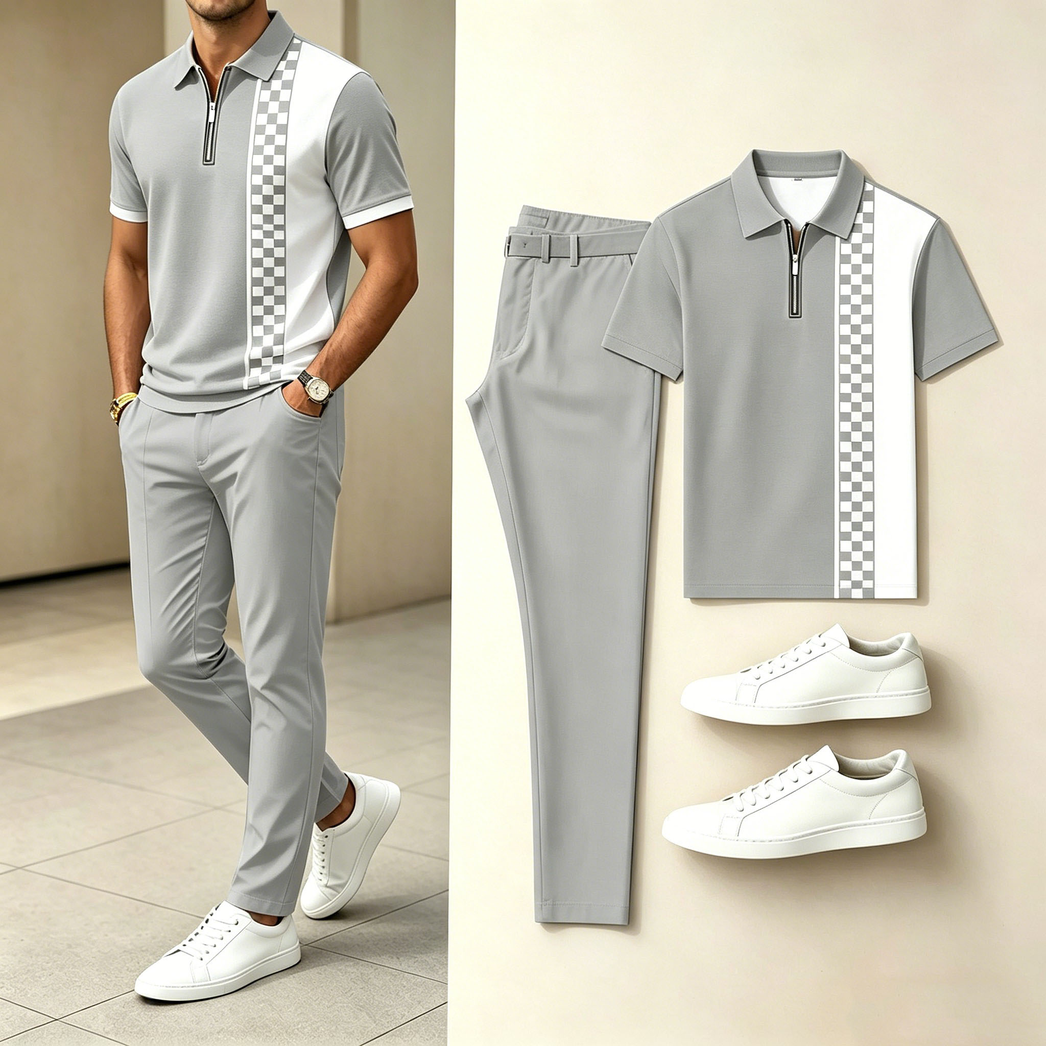 Conjunto de dos piezas casual estampado camisa polo And pantalón para hombre
