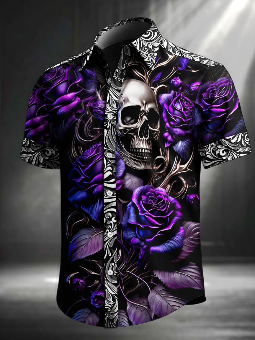 Camisa vintage Skull floral estampado solapa de manga corta para hombre