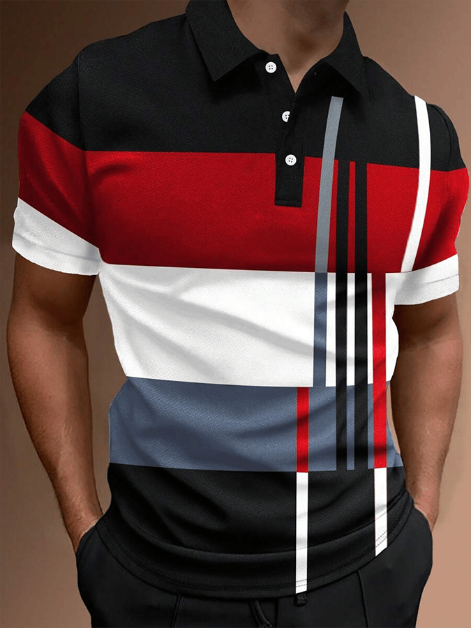 Camisa polo retro Contrast Design Button de manga corta casual para hombre