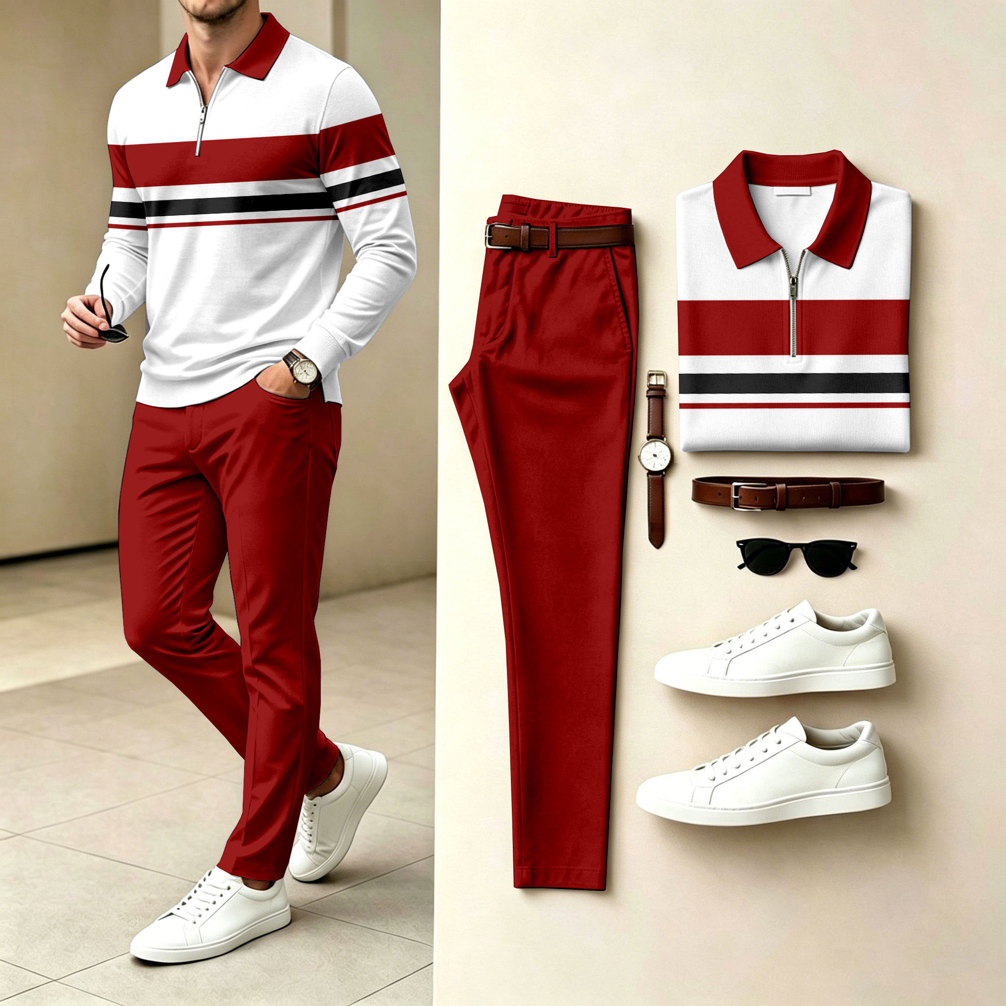 Conjunto de dos piezas a rayas Polo-Collar Zipper de manga larga camisa and pantalón para hombre