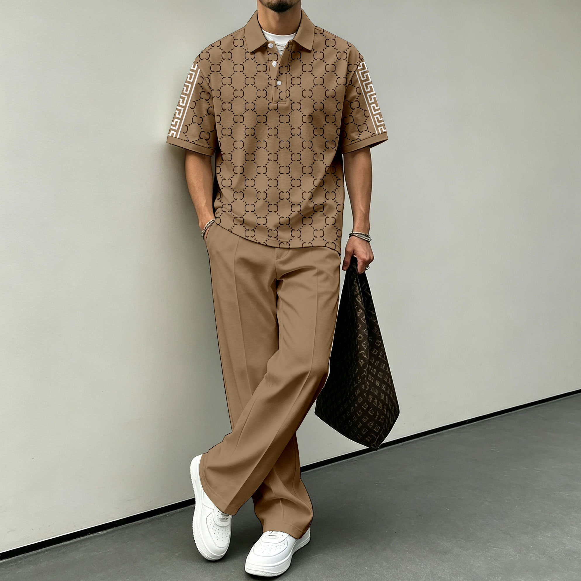 para hombre Brown estampado de manga corta camisa polo and pantalón Set