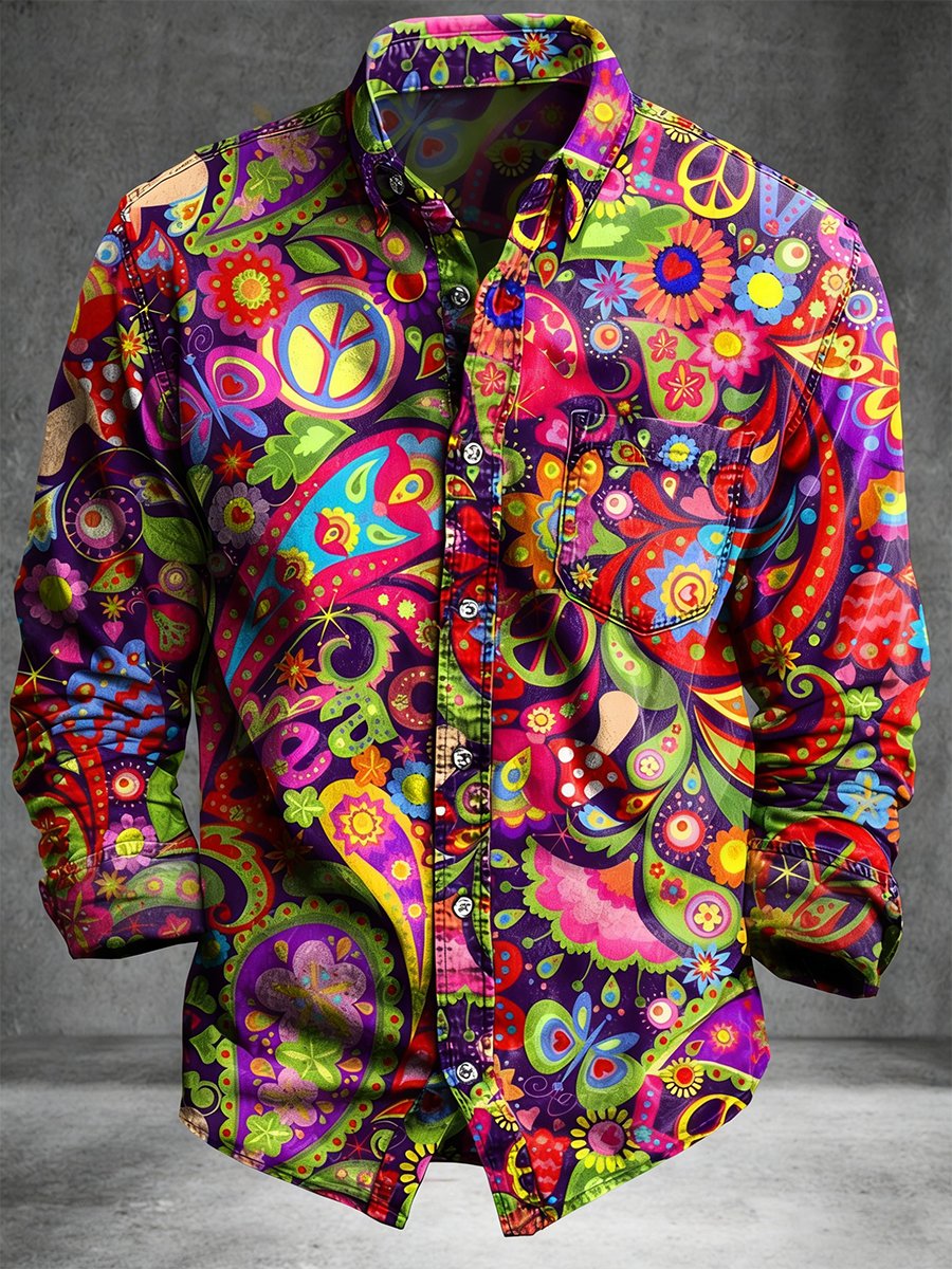 Camisa retro Hippie Artistic de manga larga para hombre